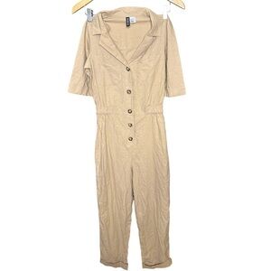 Divided Button Front High Elastic Waist Light Cotton Cuff Hem Jumpsuit 2